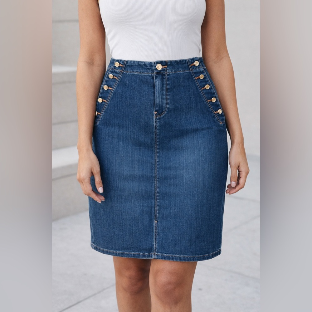 CHICO’S || Blue Denim Pencil Skirt with Gold Buttons. Sz. 4 / Sm.